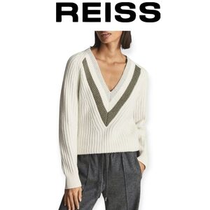 Reiss Miley Wool Blend V-Neck Cricket Sweater Small Cream Ribbed Designer Knit